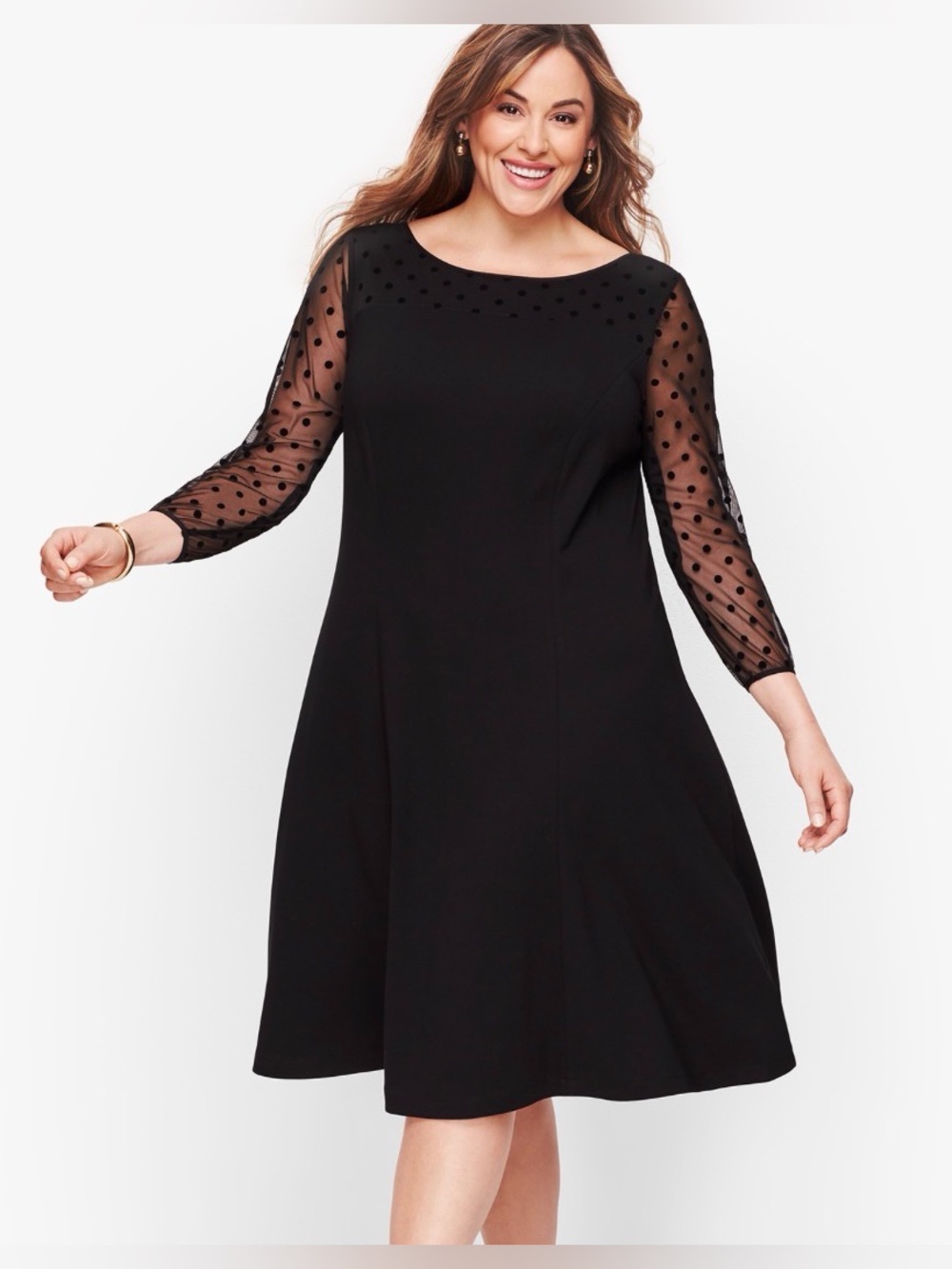 Talbots Black A-Line Dress with Sheer Polka Dot Sleeves